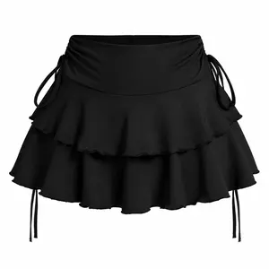Women's Solid Lettuce Trim Tiered Layer Ruffle Hem Fitted Skirt, Elegant Tie Side Mini Casual Skirt, Women's Bottoms for Daily Wear, Womenswear Feminine, Fitted Cut Skirt