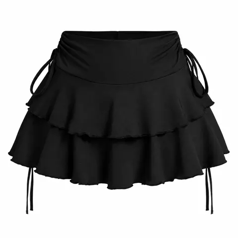 Women's Solid Lettuce Trim Tiered Layer Ruffle Hem Fitted Skirt, Elegant Tie Side Mini Casual Skirt, Women's Bottoms for Daily Wear, Womenswear Feminine, Fitted Cut Skirt