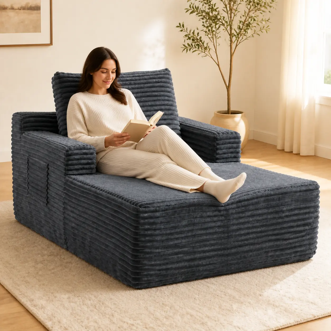 Boneless Indoor Sofa, Furniture Flash Sale Item63 in Oversized Chaise Lounge Chair for Adults, Deep Seat Wide-Rib Floor Sofa with Large Back Pillow and Side Pocket