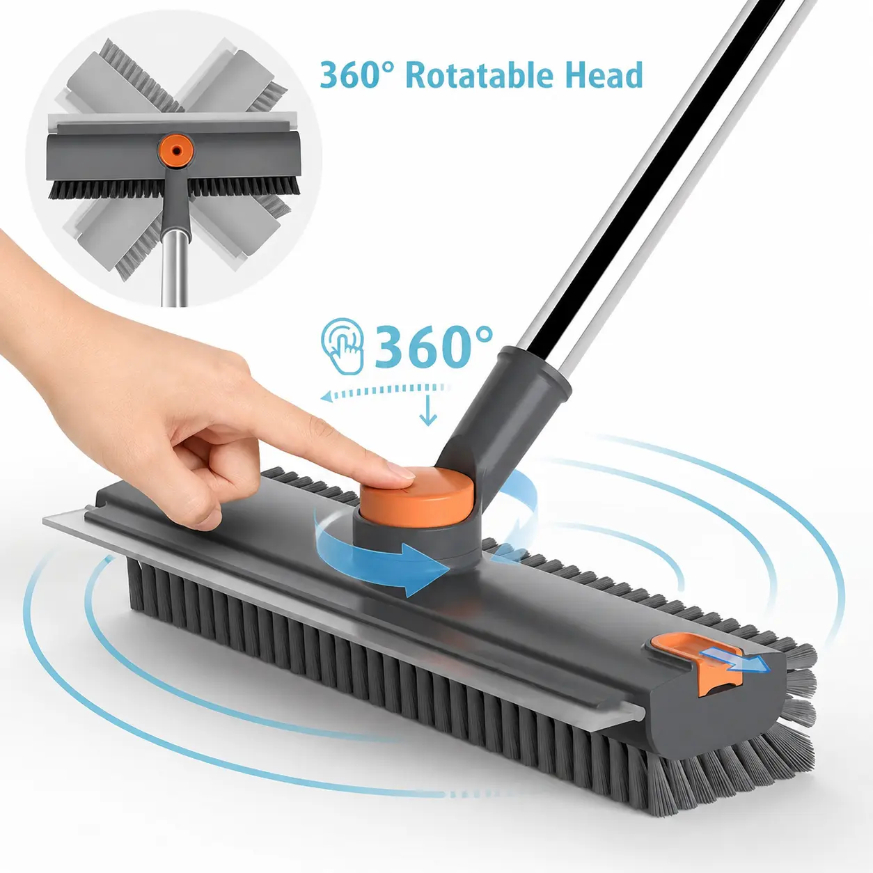 3-in-1 Floor Scrub Bathtub Brush with Long Handle, Double-Sided, Heavy-Duty Stiff Bristles & Squeegee – Scrape & Scrub for Shower, Bathroom, Patio, Garage, Kitchen, Wall & Deck – Home Cleaning Essentials, Shower Broom Squeegee, Scrubbing Stick