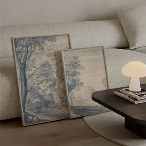 Isaak Landscape Print Set, Two French Paintings, Blue Pen Art, Vintage Country Style, Wall Decoration, Unframed, Modern Decor, Modern Art Design