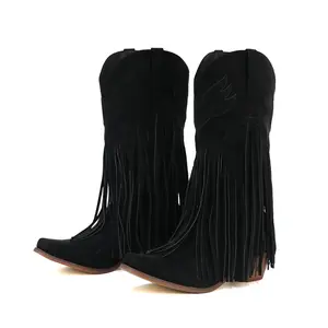 Women's Black Thigh-High Soft Rubber Design Fringe Embroidered Western Cowboy Boots - Square Toe, Stacked Heel, Retro Winter Footwear, Stylish Shoe for Concerts, Festivals, Western Boot outdoorfun