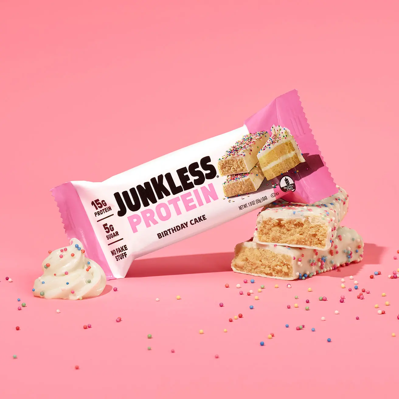 JUNKLESS Protein Bars Birthday Cake (12 ct) - 15g Protein, High Fiber, Gluten Free, Clean Ingredients