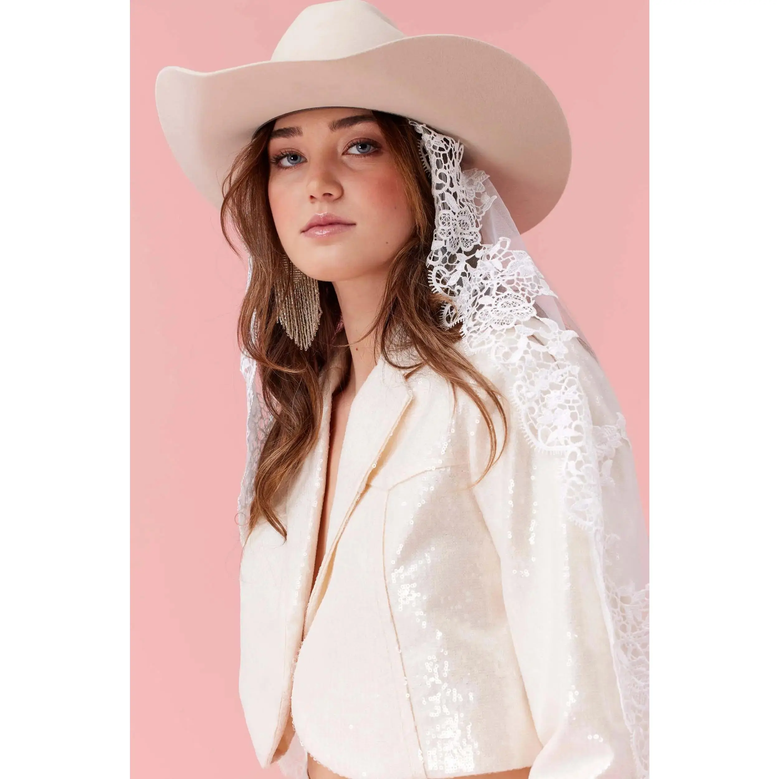 Childress Blazer | Disco Cowgirl Cropped Blazer in White Sequin with Skirt Set