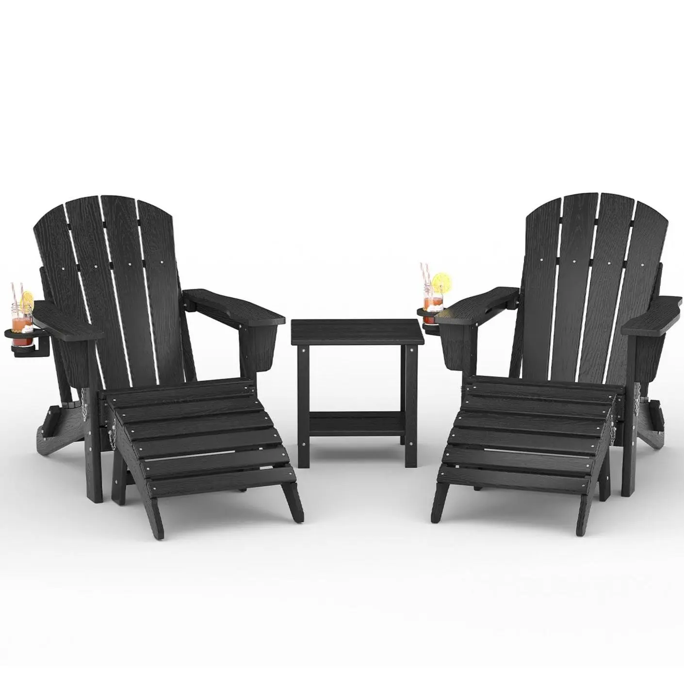 GARVEE Folding Adirondack Chair Set of 5, HDPE Outdoor Patio Chair with Cup Holder, All Weather Resistent Wooden Textured for patios, Decks, Gardens, fire Pit, Black