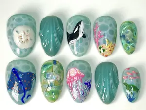 Ocean Creatures Press On Nails | Handmade Whale Jellyfish Sea Turtle Nails | Custom Acrylic Almond Nails | Marine Life Ocean-Themed Reusable Nail Box with Gift Set (Adhesive Tabs, Nail File, Cuticle Stick)