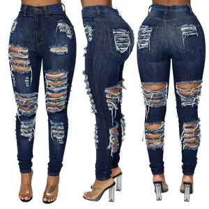 Dark Blue Ladies Jean Women Destroyed Skinny Denim Jeans High Waist Women Pants