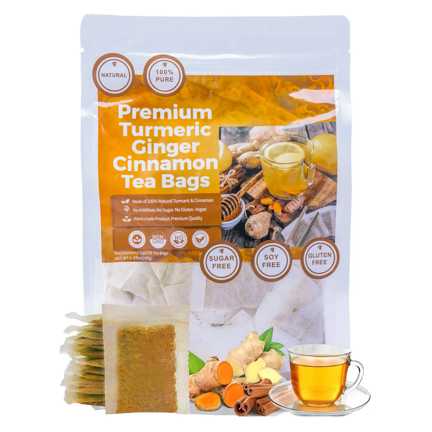 Turmeric and Ginger Cinnamon Herbal Tea Combo Bags - 120 Handmade Eco Bags, Premium Herbal Tea, Caffeine-Free, Sugar-Free, Vegetarian Natural Beverage, Organic Gift
