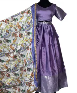 Traditional Purple Kalamkari Printed Half Saree with Floral & Bird Motif Dupatta for Festive Occasions