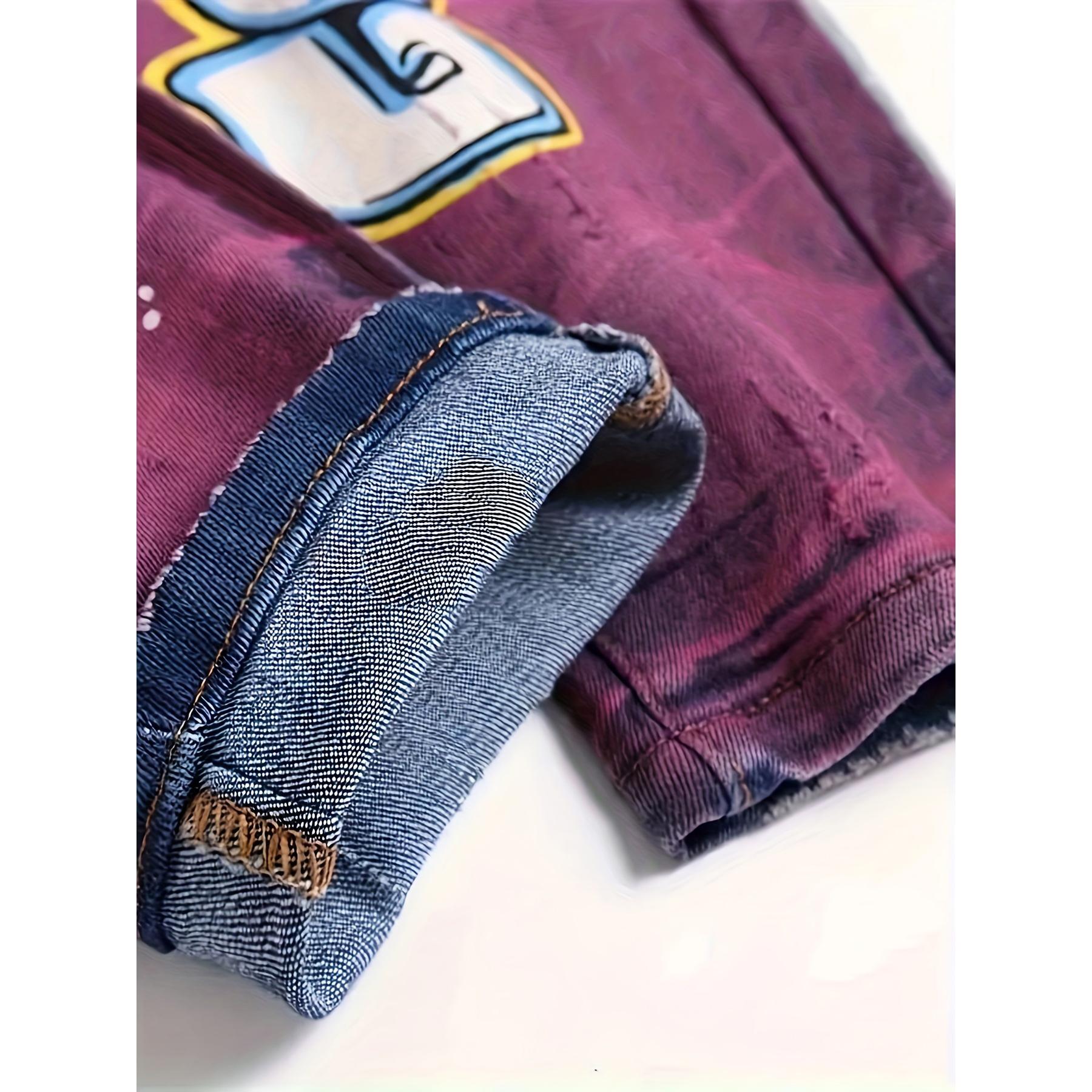 Men’s Y2K straight-leg jeans with rips and prints, European & American fashion trend