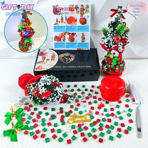 New Tabletop Mini Artificial Christmas Tree DIY Mosaic handmade Material kit with neon lights,Rotation Music Box Base,Berry Pine Needle, 26cm Small Decor Xmas Tree for Home Office Festival party Christmas Decor,New Year, Toys Gifts for Kids Adults Teens
