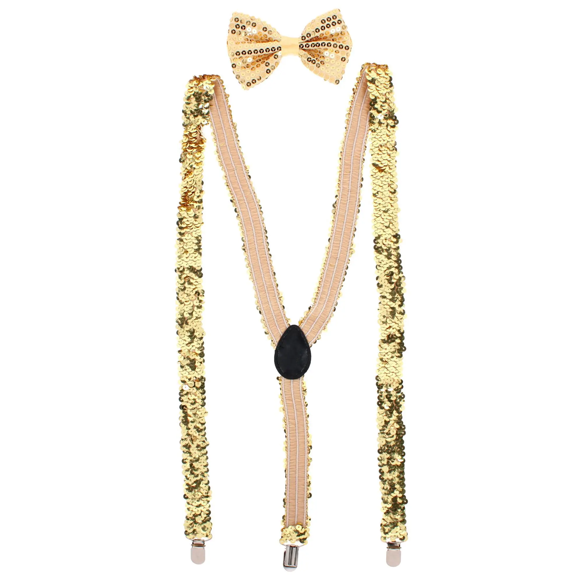 CTM Male Sequin Fabric Suspender Belt & Bow Tie Set, Adjustable Dress Costume Accessory, Back Tie Design