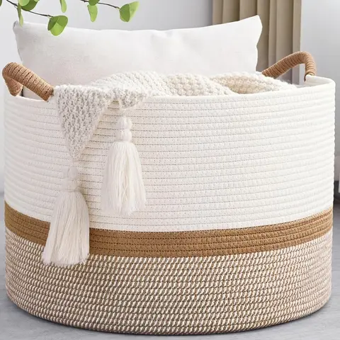 Pure Cotton Woven Rope Storage Basket - Foldable, Sustainable, Durable Decorative Rustic French Country Organizer Bin, 20x13in 85L Round Clothes Holder for Bedroom & Home Supplies