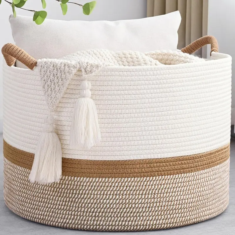 Sustainable Durable Woven Cotton Rope Storage Basket - Rustic French Country Home Organizer Bin for Bedroom Clothes, Blankets, 20 in x 13 in, 85L for Organized Setup