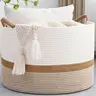 Pure Cotton Woven Rope Storage Basket - Foldable, Sustainable, Durable Decorative Rustic French Country Organizer Bin, 20x13in 85L Round Clothes Holder for Bedroom & Home Supplies