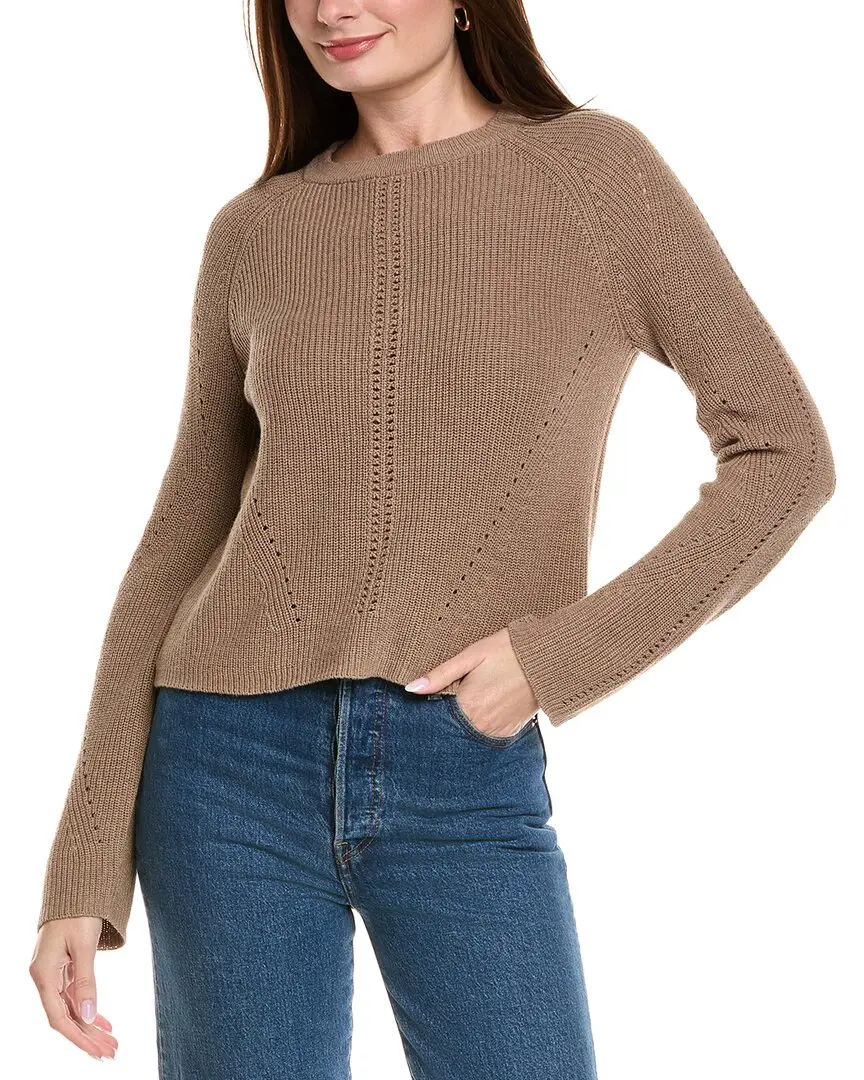 Hannah Rose Picot Stitch Shaker Crewneck Cashmere-Blend Sweater