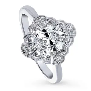 BERRICLE Sterling Silver Halo Flower Art Deco Engagement Promise Rings for Her, Oval Cut Cubic Zirconia CZ Ring