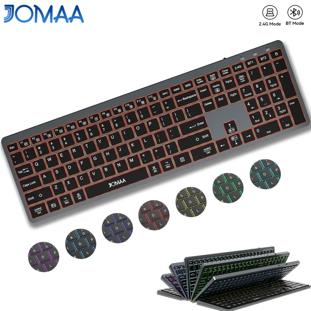 JOMAA Ergomomic Full Size 112 Key Wireless RGB Keyboard 2.4G+Dual-Bluetooth 7 Color RGB Backlit Wireless Rechargeable Multi-Device Keyboard for Windows/Mac OS/i0S PC