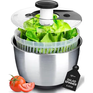 Large Stainless Steel Pump Salad Spinner Easy Compact Kitchen Tool 6.33Qt Vegetable Dryer Fruit Washer Drain Colander for Lettuce Pasta Fries Produce
