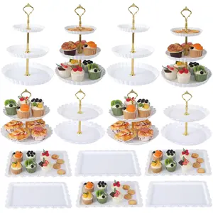Garvee Set of 14 Dessert Stands – Includes 4 Tiered Cake Stands (3-Level and 2-Level) Plus 6 Rectangular Serving Trays for Appetizers, Thick Plastic Plates for Cupcakes, Donuts, and Fruits