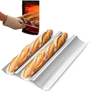 French Baguette Baking Tray, Non-Stick Perforated Bread Pan, Holds 3 Baguettes, Ideal for Sourdough, Italian, Sub Sandwiches, Crispy Golden Exterior