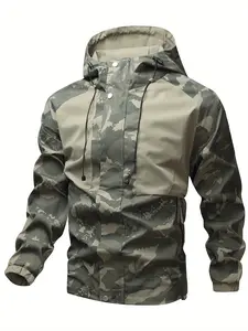 Men's Camouflage Green Workwear Jacket with Hooded Design & Multiple Pockets for Casual Outdoor Hiking