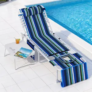 3-in-1 Outdoor Tanning Bench Chair – Face Hole, 5 Recline Positions, Folding Table, Removable Pillow – Heavy Duty Oxford Fabric, Striped Blue/Green/White, Beach, Pool, Patio, Garden Lounger