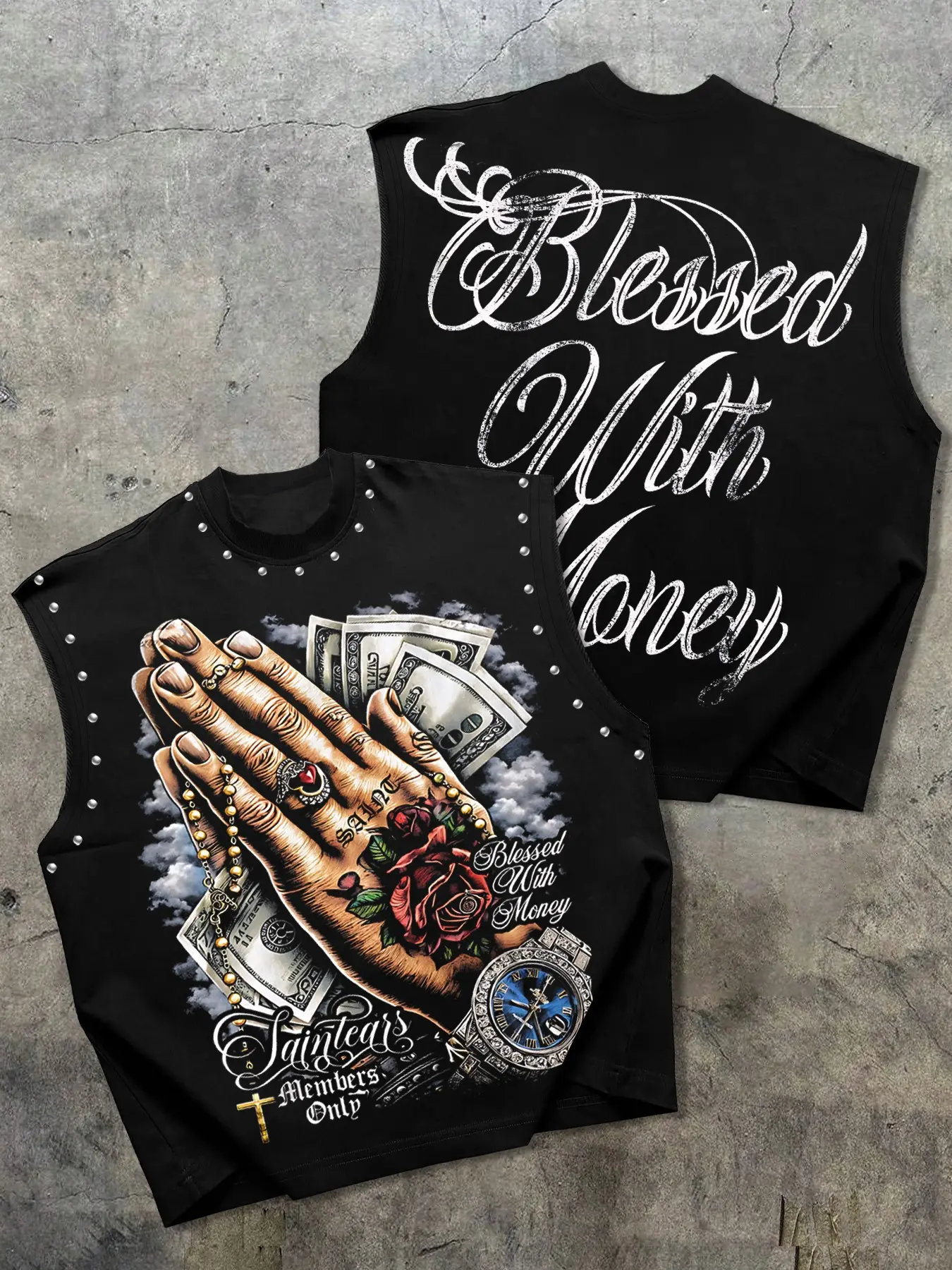 Men's Casual Vest, Sleeveless Graphic Vest, Print Praying Hands + Money + Rose + Watch, Letter Slogan, Regular Fit, Fashion Versatile, Trendy Store Wear, Sleeveless Vests