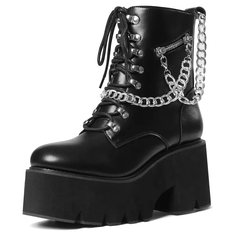 CELNEPHO Gothic Shoes for Women Womens Chain Platform Boots Lace Up & Zipper Chunky Heel Black Combat Ankle Jennifers Body Boots Fashion Studded Motorcycle Boots