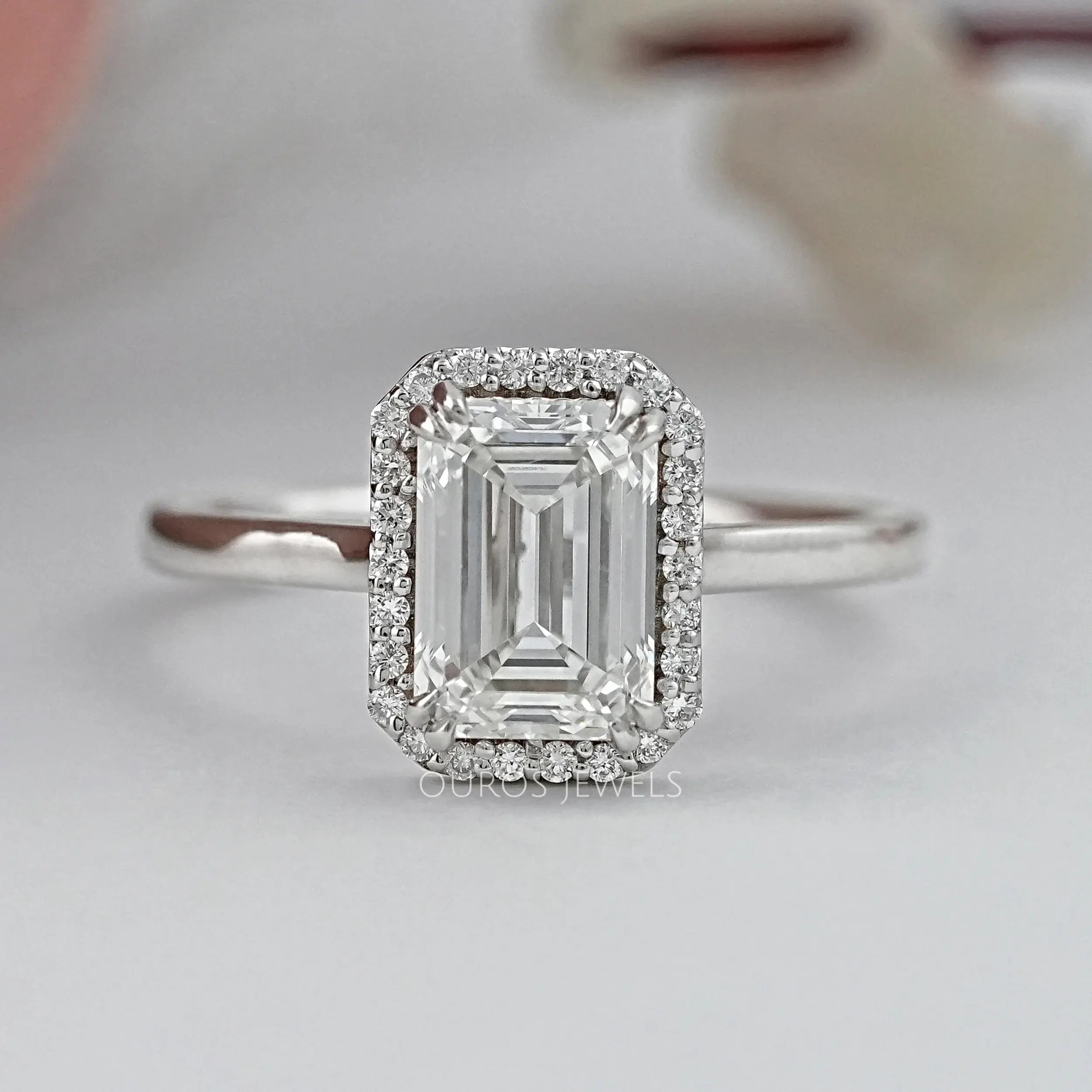 Emerald Lab Diamond Solitaire Halo Engagement Ring