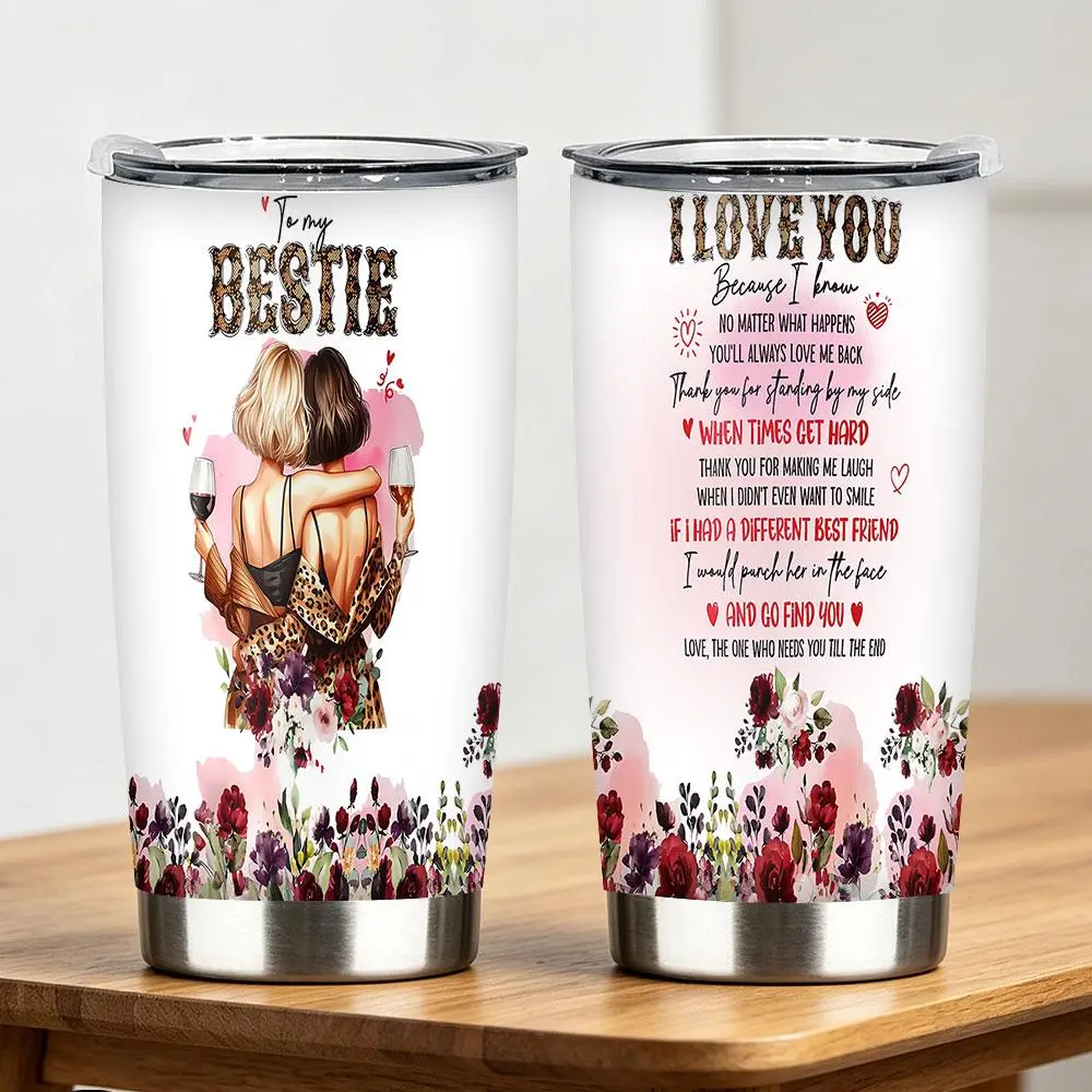 1pc "To My Bestie" Leopard Print Stainless Steel Insulated Tumbler - Women's Back View Wine Glass with Floral Inspirational Quote, 12/18/20/30/40oz Multi-Size Travel Mug, Birthday/Holiday Gift for Women