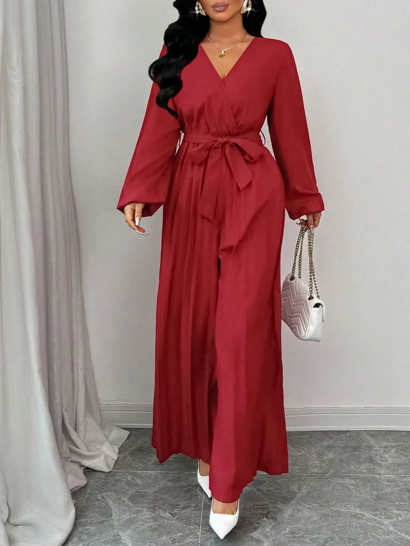 Women's Spring Autumn Solid Color Pleated High Waist Long Sleeve Jumpsuit, Casual Elegant Party, V Neck Belted Jumpsuit