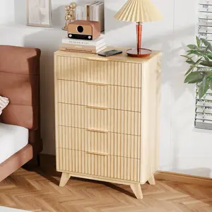 VINGLI Fluted Tall Dresser 5 Drawer, Chest of Drawers, Wood Dresser for Bedroom, 29.9" W Drawer Chest with Rounded Edge, Oak Light Wood, 29.92" W*15.6" D*44.88" H