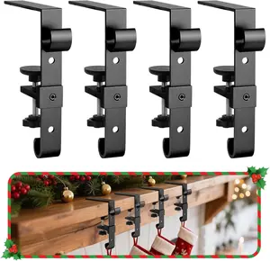 Stocking Hangers for Mantel,4 Pcs 2 in 1 Adjustable Fireplace Christmas Stocking Holder,No-Drill, Easy to Install Garland Hanger for Christmas Decorations,Fits 0..5Mantles(Black, 4)