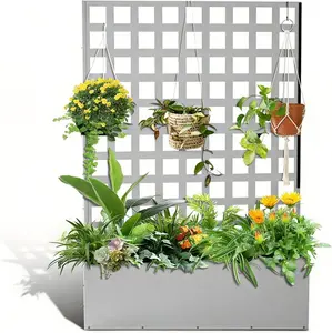 Metal Raised Garden Bed with Trellis Privacy Screen Outdoor Galvanized Planter Box for Climbing Vegetables Cucumbers Tomatoes Rust-Resistant with Drainage Holes Easy Assembly, Climbing Planting Stand, Elevated Planting Boxes