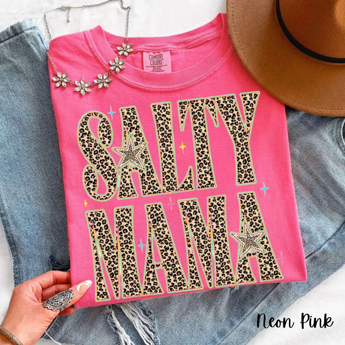 Comfort Colors Salty Mama Shirt, Trendy Leopard Beach Mom T-Shirt, Coastal Vacation Summer Sublimation Tee, Neon Graphic Retro Motherhood Unisex Top