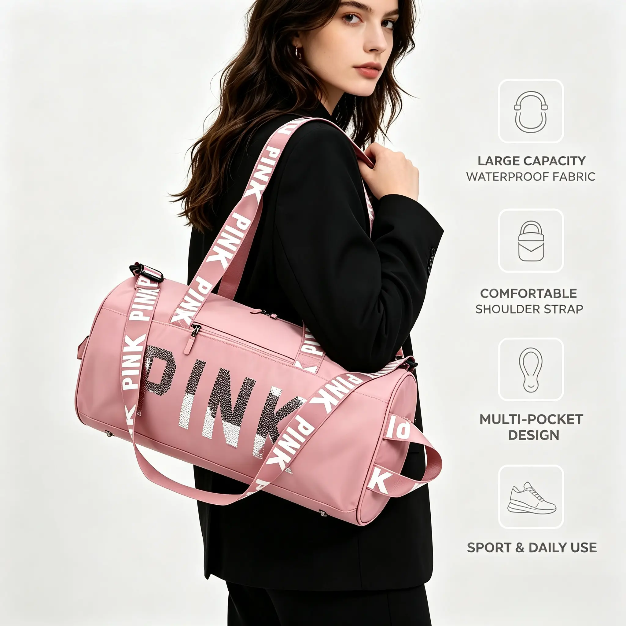 Fashion Letter Printed Waterproof Workout Bag Casual Crossbody Carry On Weekend Travel Duffle Bag Weekender Duffel Traveling Bag