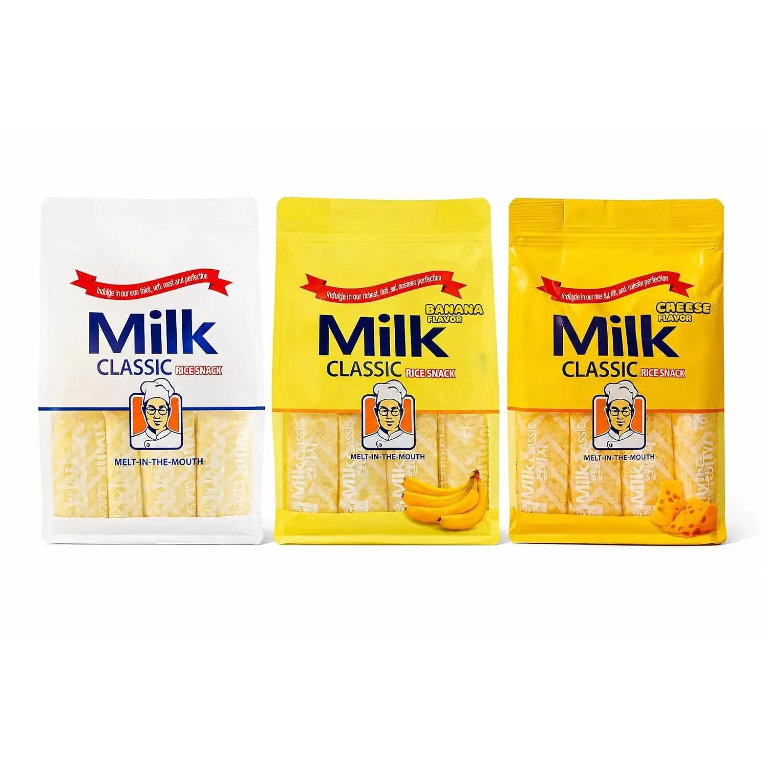 Milk Rice Snack Variety Pack – 3 Flavors (Milk, Banana & Cheese), Non-Fried Crispy Korean Rice Snack, Individually Wrapped Kids School Snack, Melt-in-the-Mouth Rice Crackers