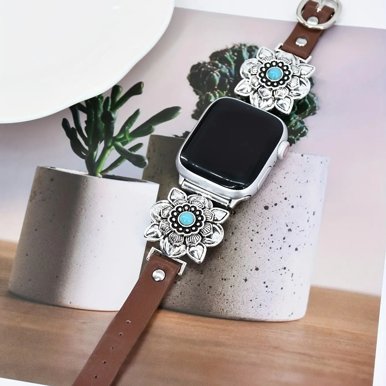 Compatible with Apple Watch Brown Band 42/44 mm Turquoise Western Squash Blossom Western Leather Watch Band summerwins