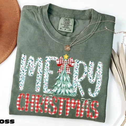 Comfort Colors Merry Christmas TShirt, Christmas Tree Tee, Christmas Girly Gift, Cute Christmas Bow Tee, Xmas Holiday TShirt, Comfort Colors T-Shirt