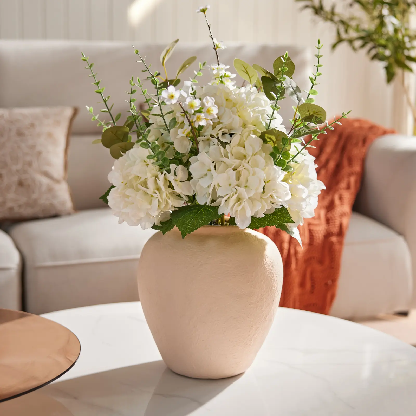 VeriNatural 24" Faux Hydrangea Arrangement with Eucalyptus Greenery – Large Artificial Floral Centerpiece in MgO Vase for Dining Table, Coffee Table & Modern Farmhouse Home Decor