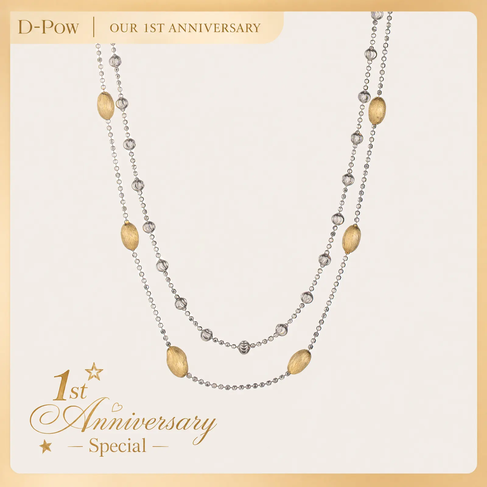 D-POW S925 Double Layer Necklace, Sterling Silver with Brushed Nut Shell Beads, 50cm Minimalist Dainty Jewelry for Women, Gift for Birthday Wedding Anniversary