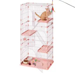 【SummerFinds】VEVOR Cat Cage 4-Tier 33.07"x23.82"x64.37" DIY Cat Playpen with Ladders, Indoor Enclosure Detachable Metal Wire Kennel Crate, Large Exercise Place for 1-2 Cats, Kittens, Ferrets & Small Animals, Pink