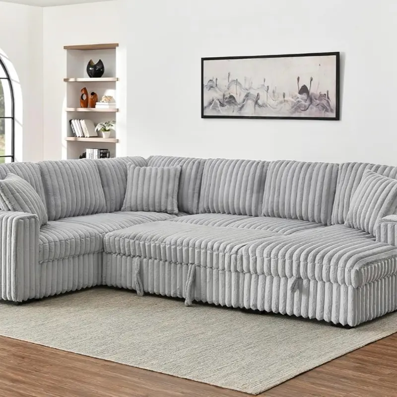 122" Convertible U-Shaped Faux Rabbit Fur Plush Sectional Sleeper Sofa, Upholstered Cloud Couch Pull-Out Sofa Bed with Storage Chaise and USB Ports for Living Room (Grey, 122" x 95.6")