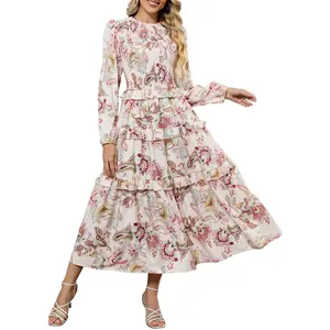 ZAFUL Women's 2025 Fall Floral Maxi Dress Long Puff Sleeve Crew Neck Boho Flowy A Line Dresses Casual Smocked Tiered Dress