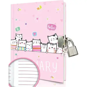 Secret Locked Cat Diary for Girls 7x5.25 Inches 160 Lined Pages Cute Cats Journal Notebook with Lock Keys Birthday Gift for Kids Aged 5-10 Years Old