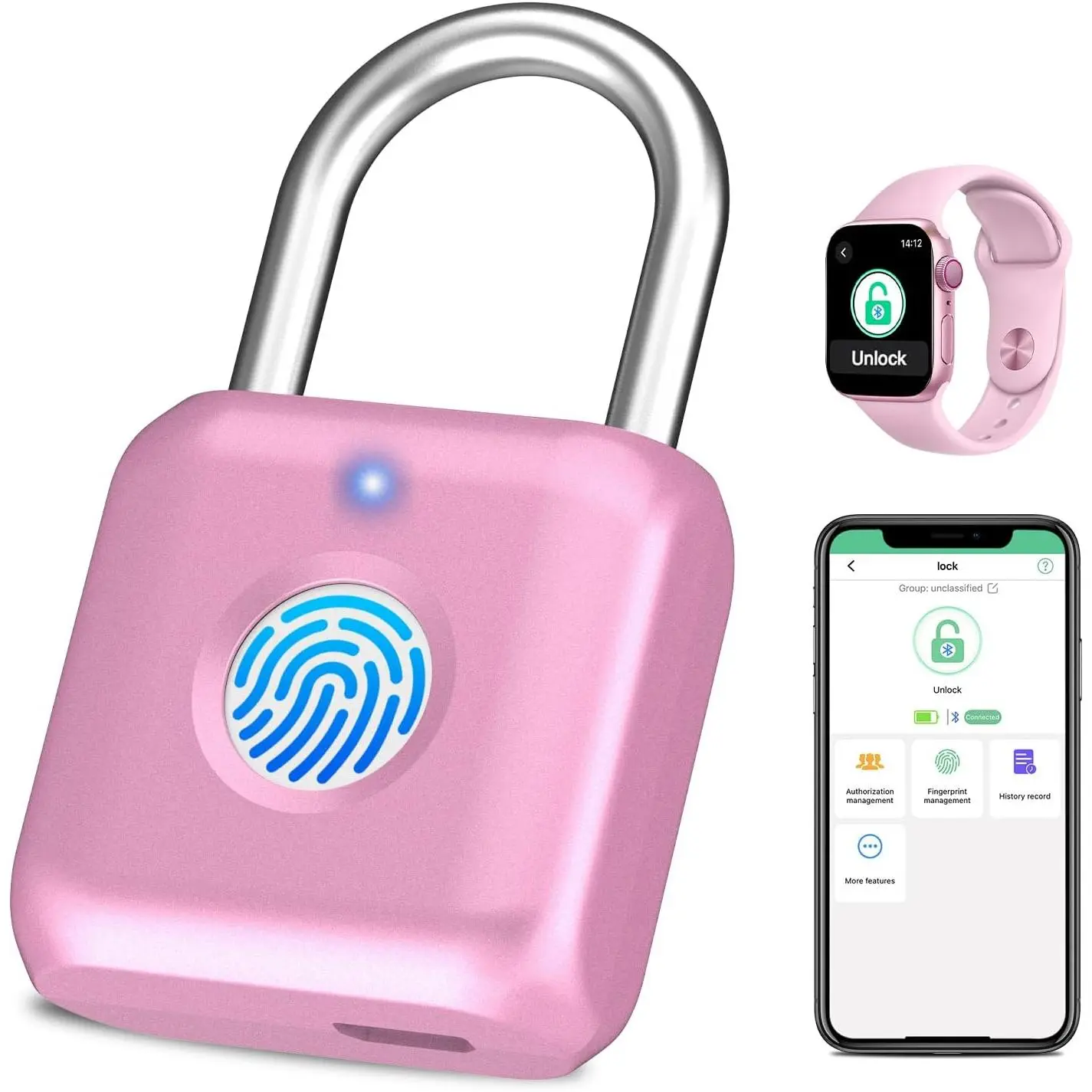 Biometric Smart Fingerprint Padlock for Women, Metal Keyless Lock with Phone App & iOS Watch Compatibility, for Gym Locker, School Locker, Pink, Biometric Lock, Smart Fingerprint Lock
