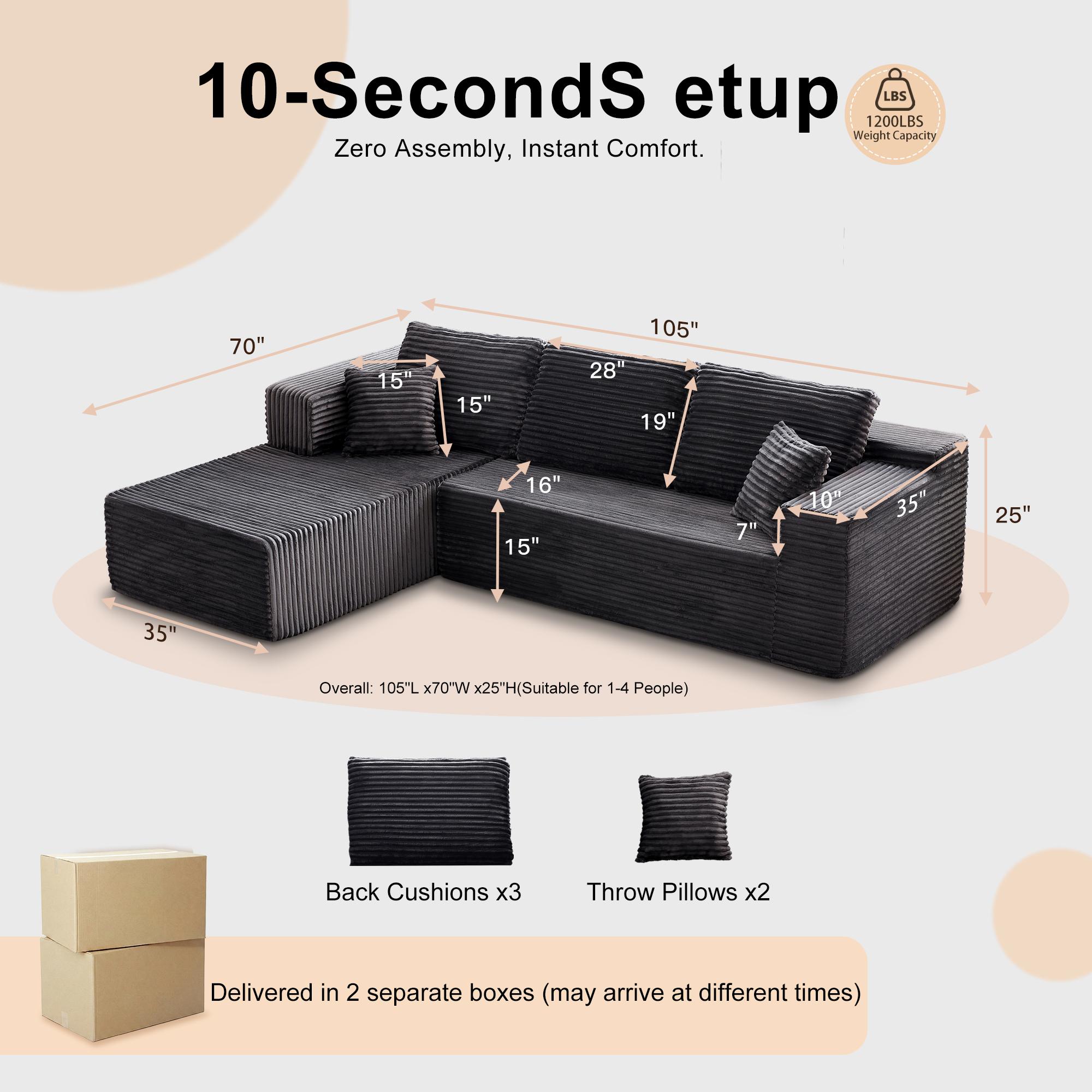 [2 Packages Shipping] 106‘’L-Shaped Modular Sectional Sofa - Comfy Cloud 3-Seater,Cloud Boneless Modular CouchDeep Seat Linen Couch for Living Room,No Assembly Velvet Plush Chenille sleeper conference to furniture fur nature oversized