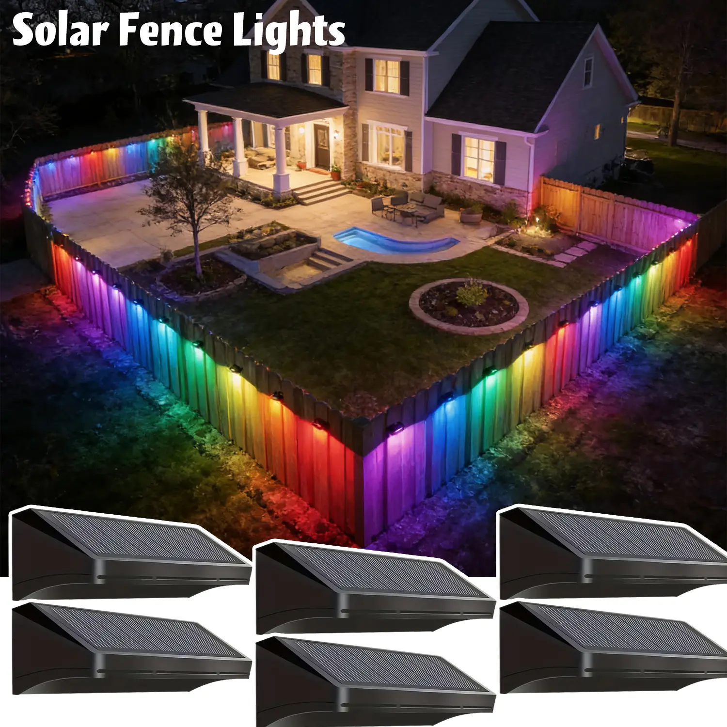 6-Pack Solar Fence Lights Outdoor - IP44 Waterproof, Dusk-to-Dawn, Warm White & RGB 8-Color Solar-Powered Lights for Backyard, Patio, Wall Railings (Home Improvement Outdoor Lighting)