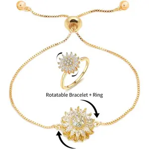Gold Rotatable Sunflower Jewelry, Anxiety Relief Fidget Bracelet & Ring